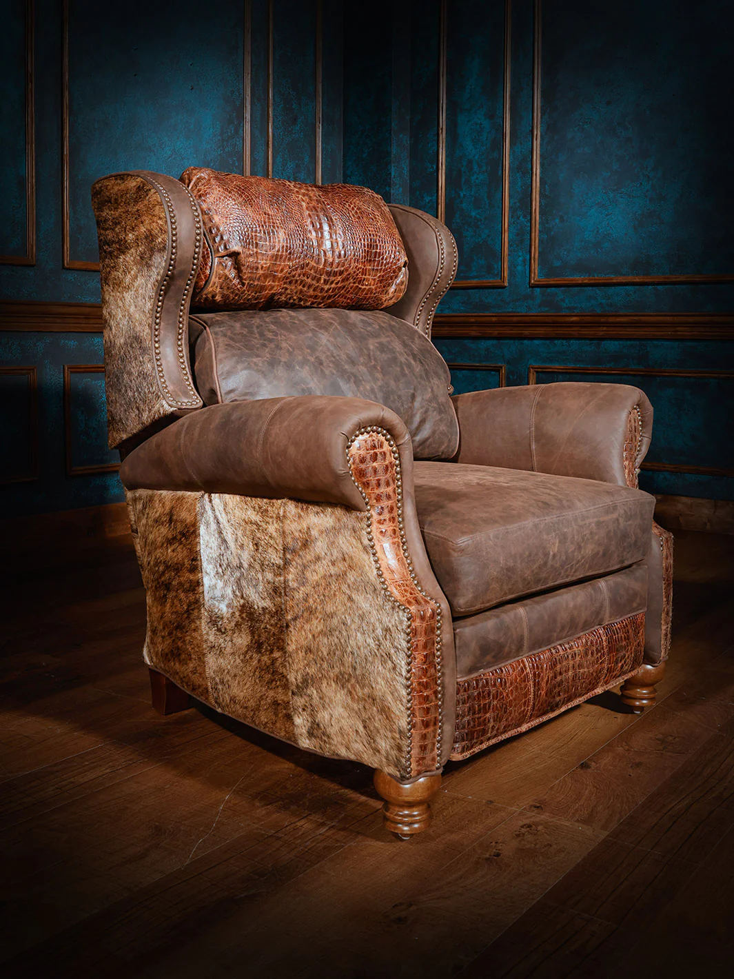 Antique Western Leather & Cowhide Recliner