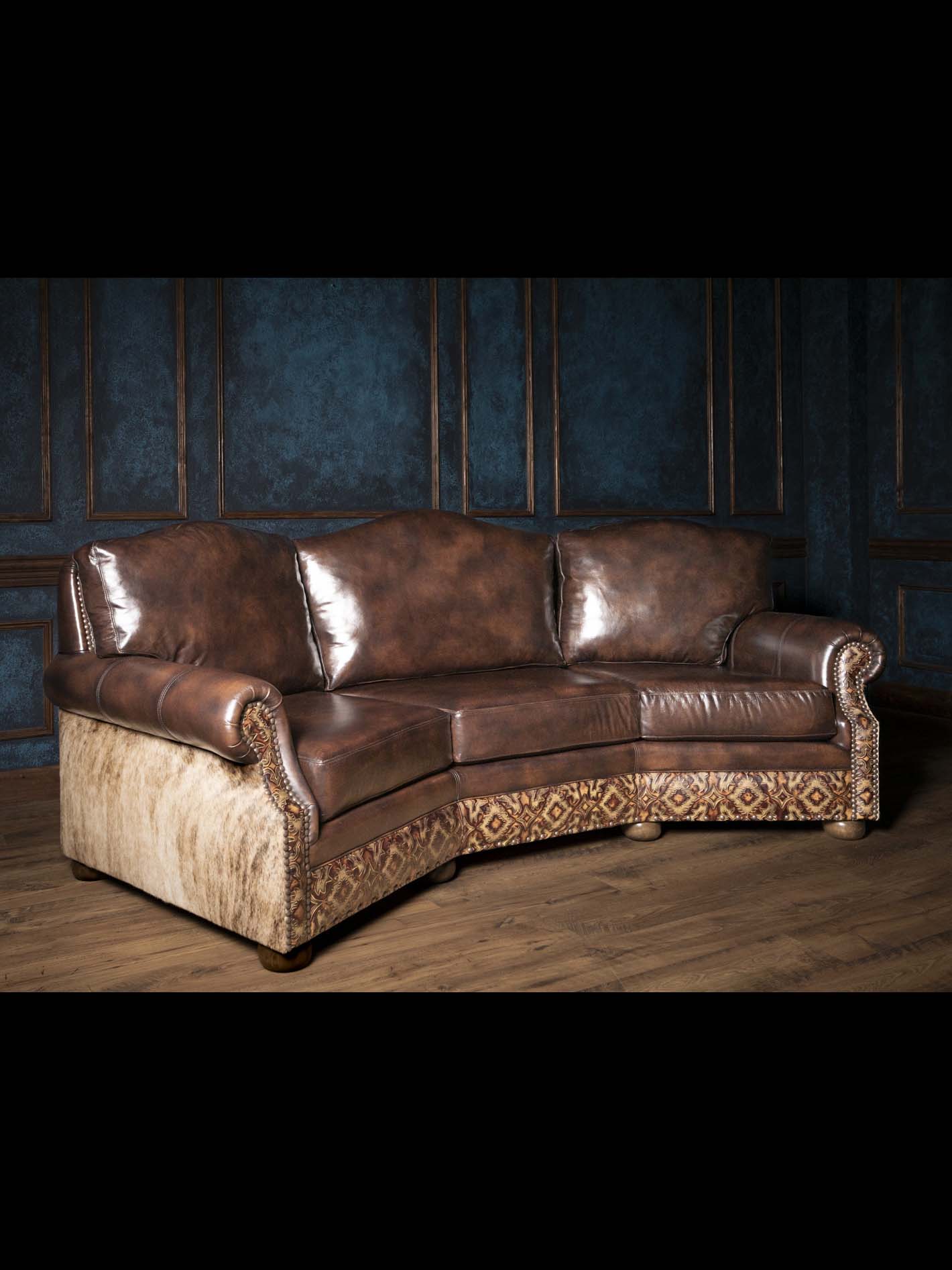 Burnished Brown Leather Curved Sofa - Image 4