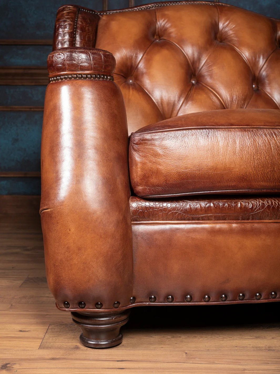 Chestnut Leather Sofa with Croc Accent - Image 2