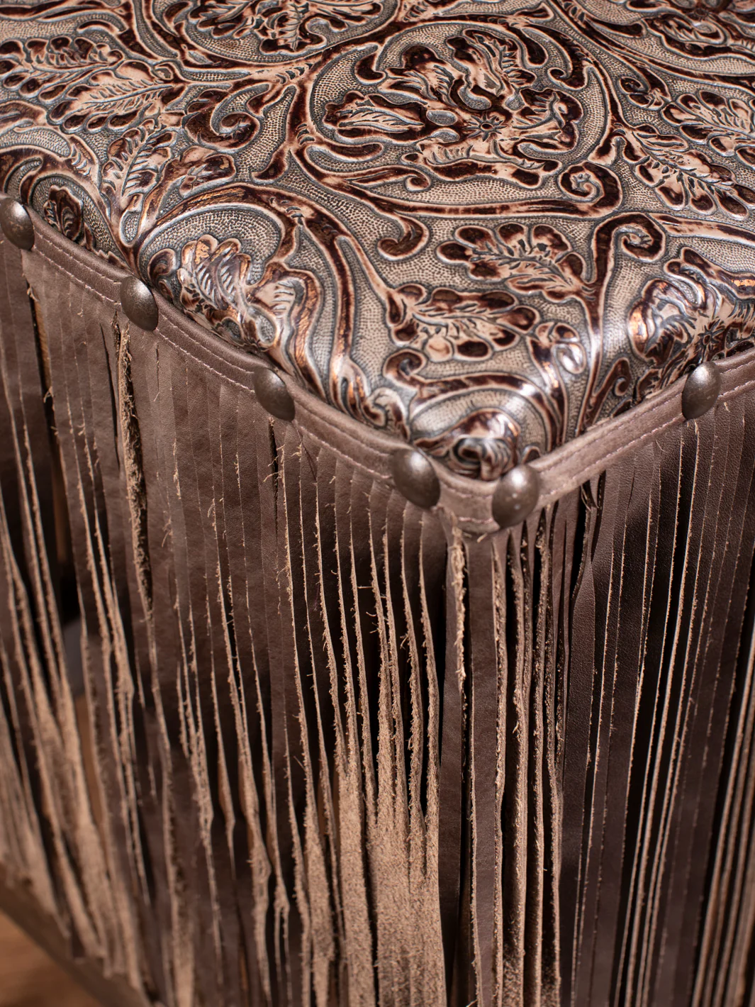 Cowboy Tooled Brown Copper Embossed Leather Saddle Stool - Image 2
