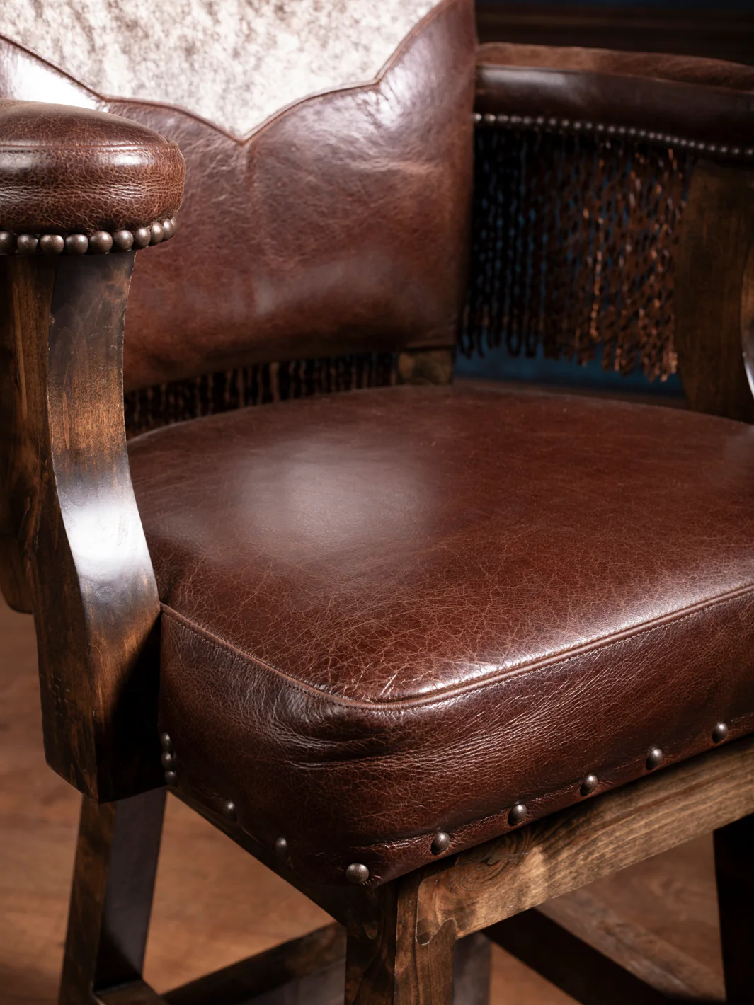 Dark Rum Fringe Leather Yoke Bar Stool - Image 4