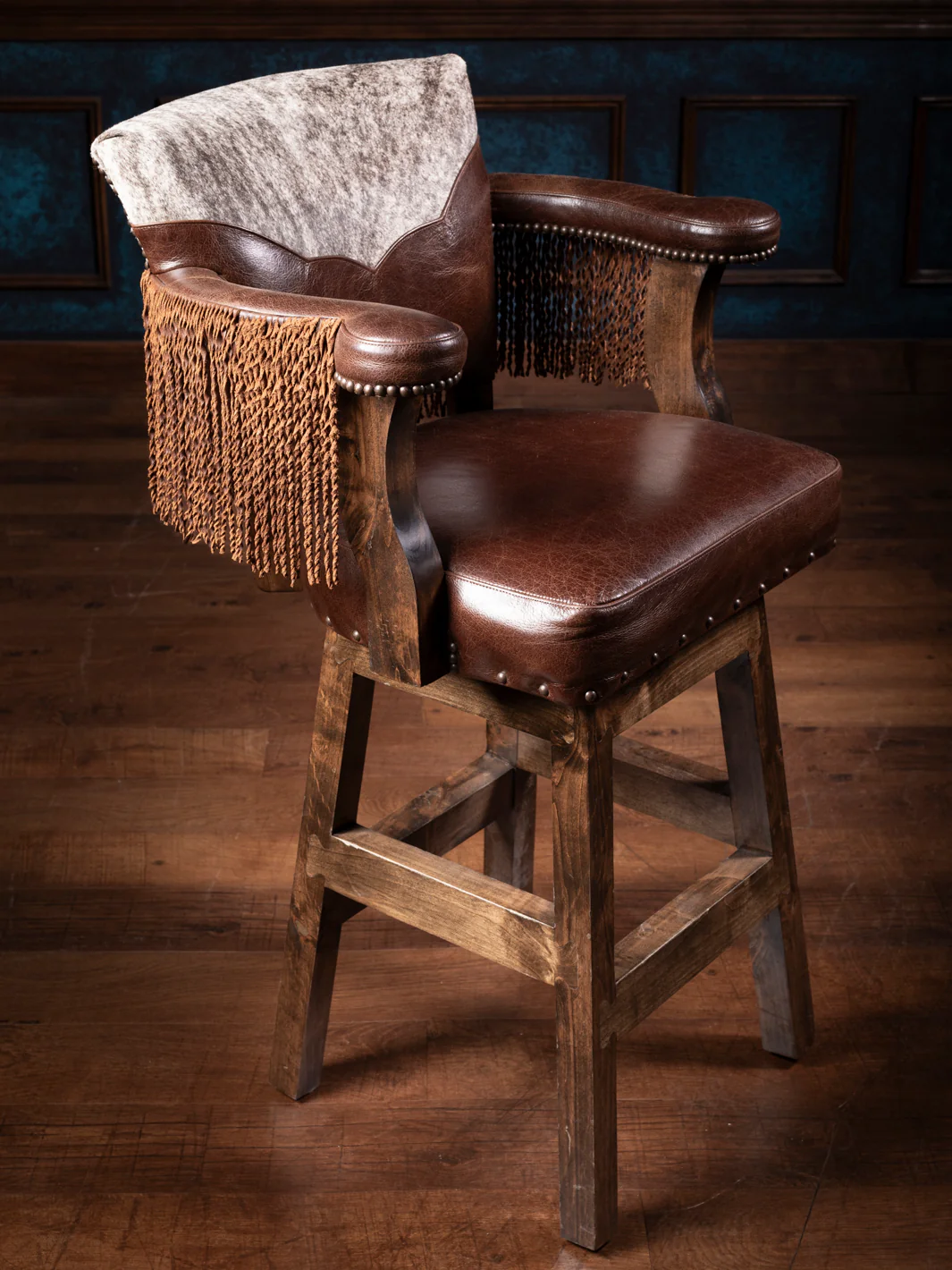 Dark Rum Fringe Leather Yoke Bar Stool - Image 5