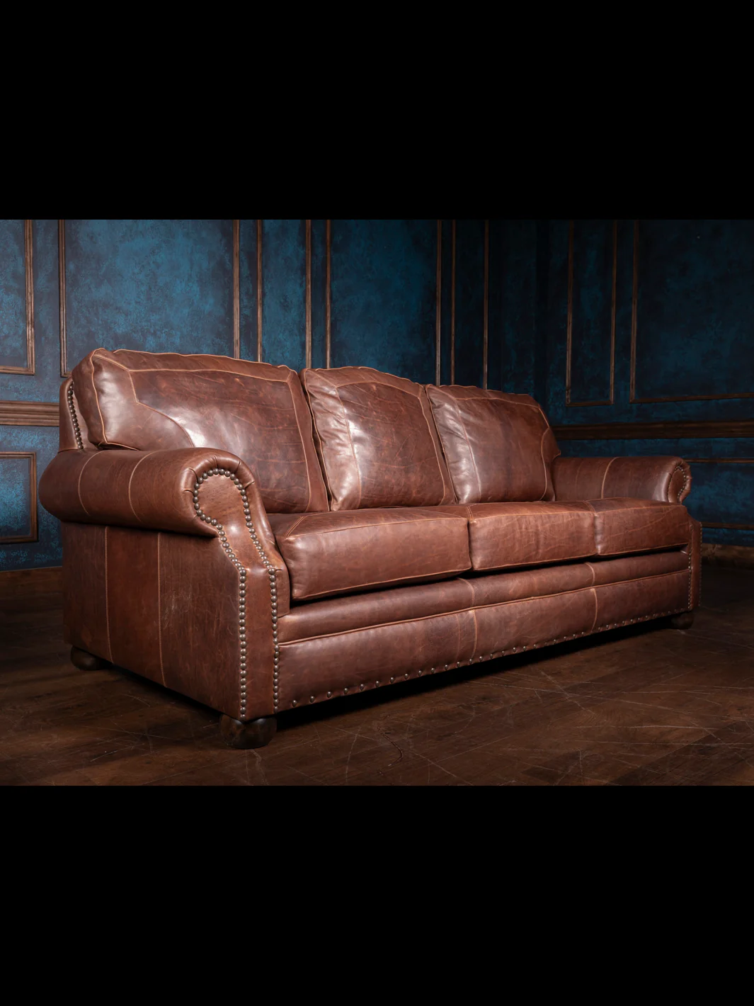 Framed Red Oak Leather Sofa - Image 3