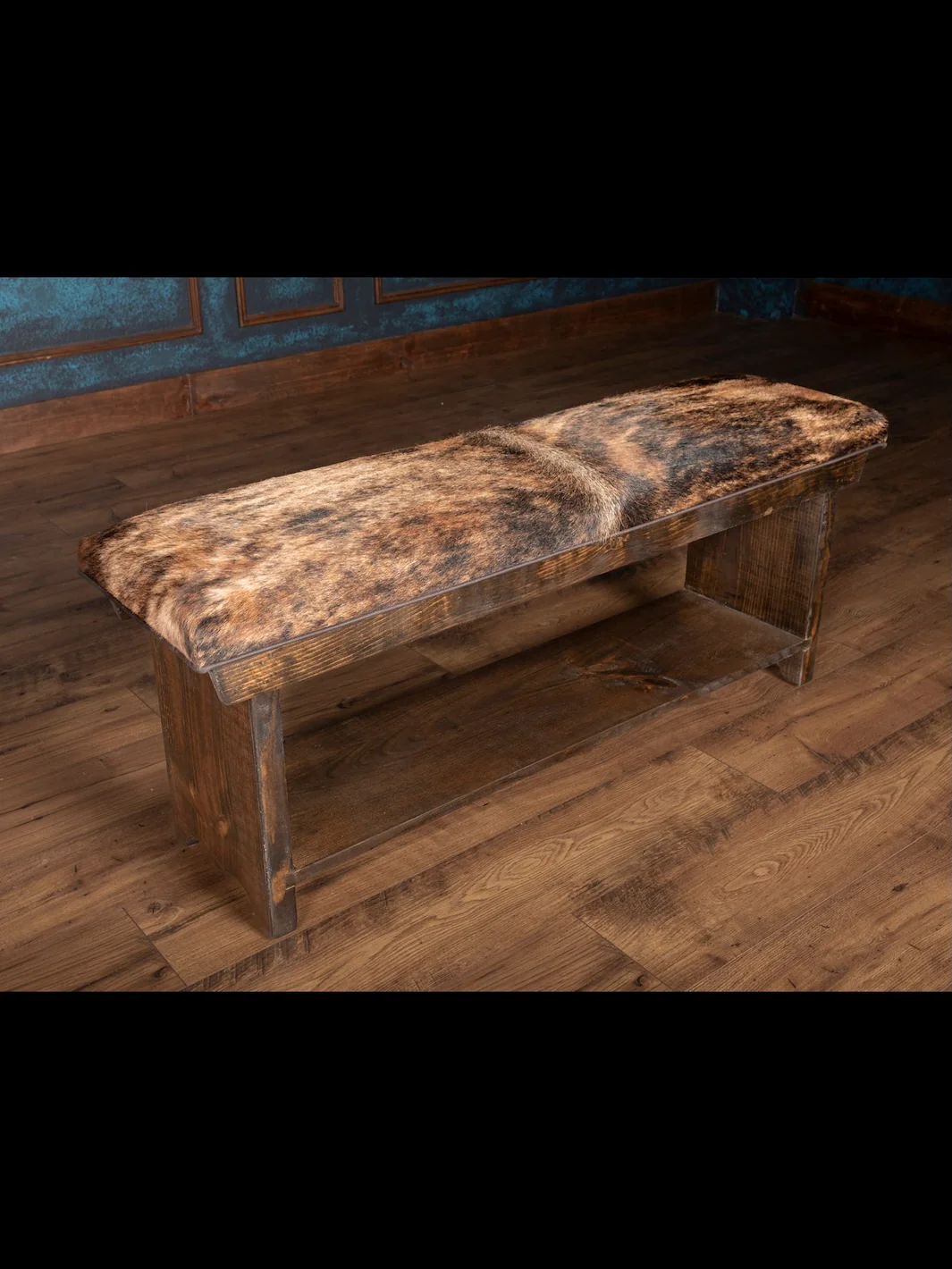 Pecan Brindle Cowhide Bench with Shelf