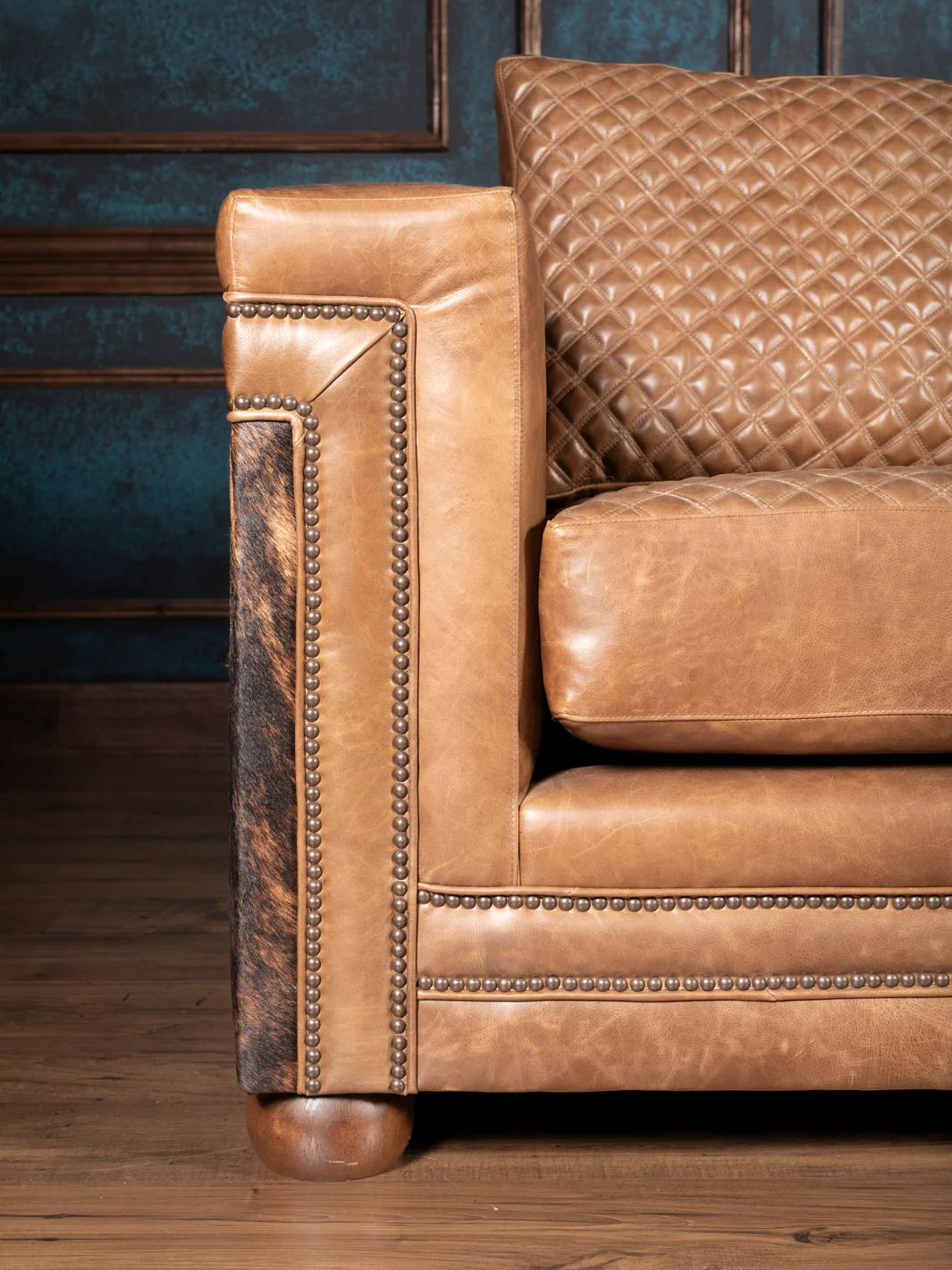 Quilted Cowboy Architect Leather Sofa with Cowhide - Image 2