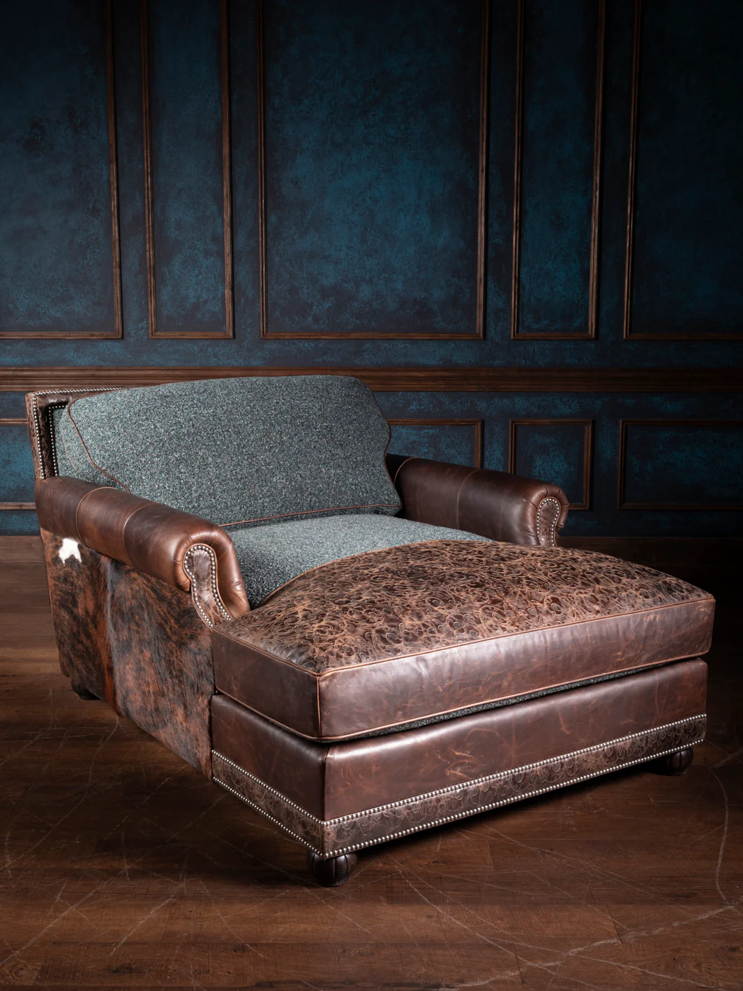 Turquoise Leather & Fabric Chaise Lounge - Image 5